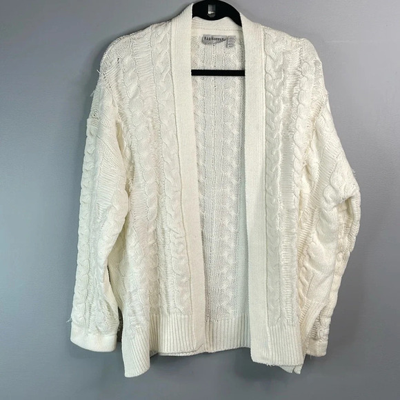 RAG SUPPLY Cable Knit Open Cardigan Sweater Ivory Fringe Knit Cotton Blend M - Picture 12 of 12